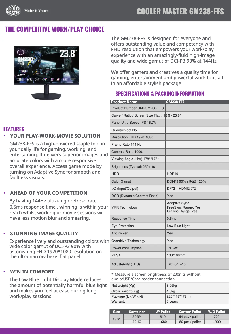 Page n°1 - Fiche technique Cooler Master GM238-FFS