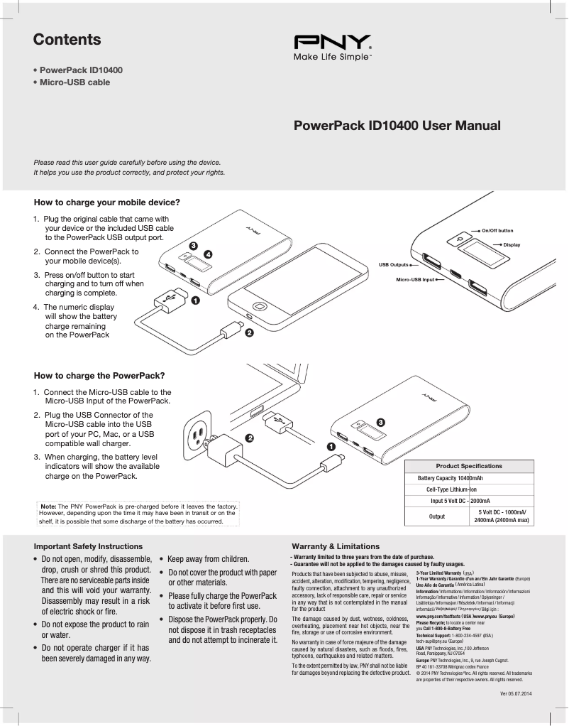 Page 1 de la notice Manuel utilisateur PNY PowerPack ID10400
