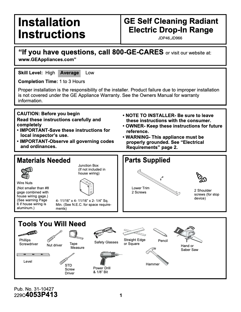 Page 1 of the manual Installation Guide GE Profile JDP46WDWW