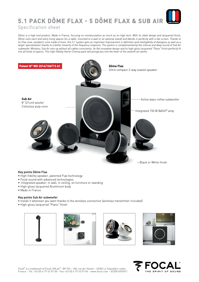 Page 1 de la notice Fiche technique Focal Dôme Flax Pack 5.1