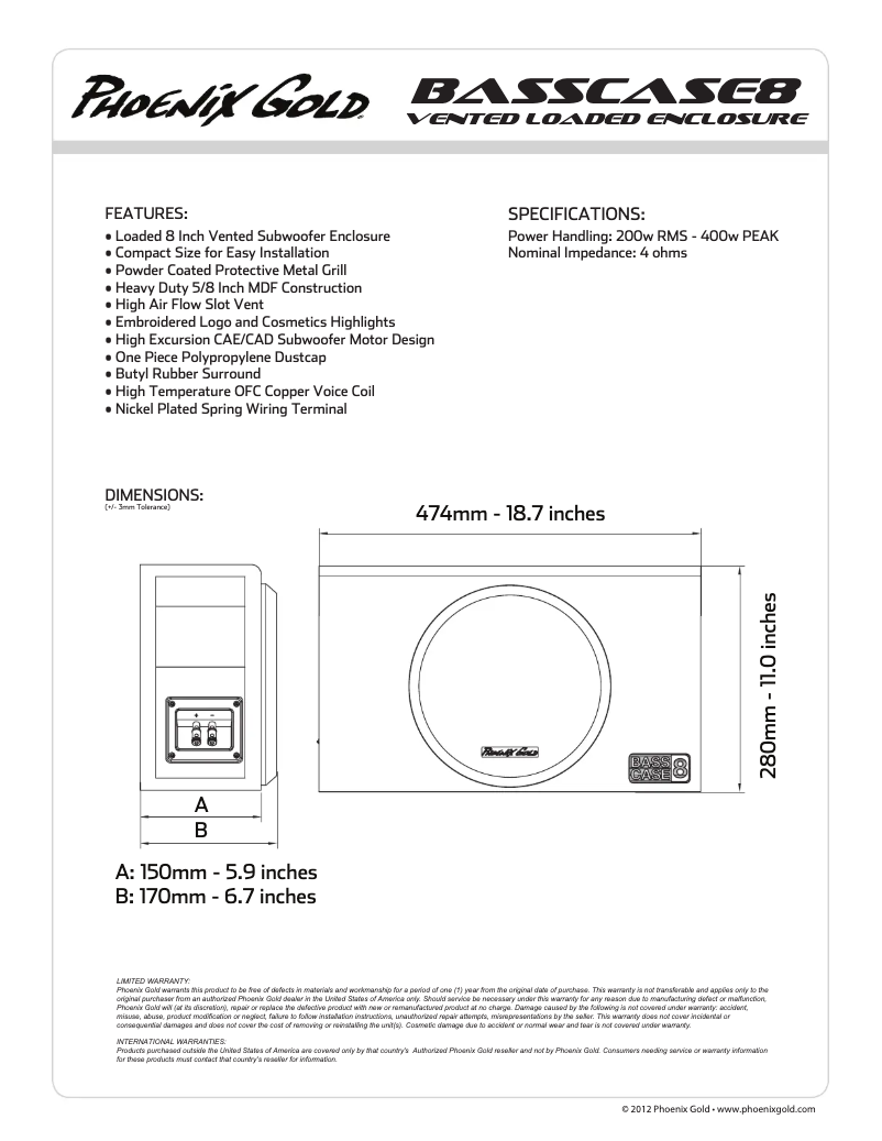Page 1 de la notice Manuel utilisateur Phoenix Gold BASSCASE8