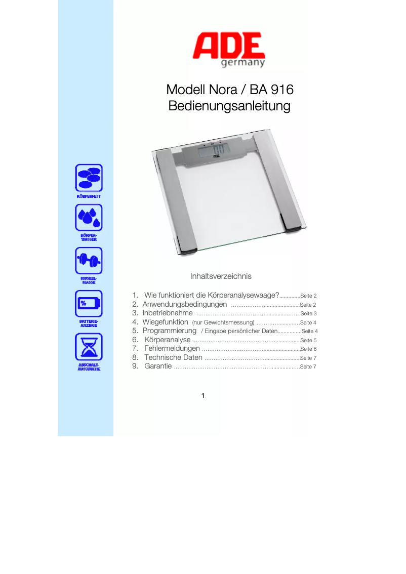 Page n°1 - Manuel utilisateur ADE Nora BA 916