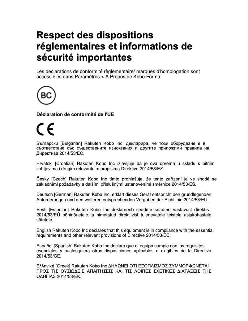 Page 1 de la notice Instructions de sécurité Kobo Forma