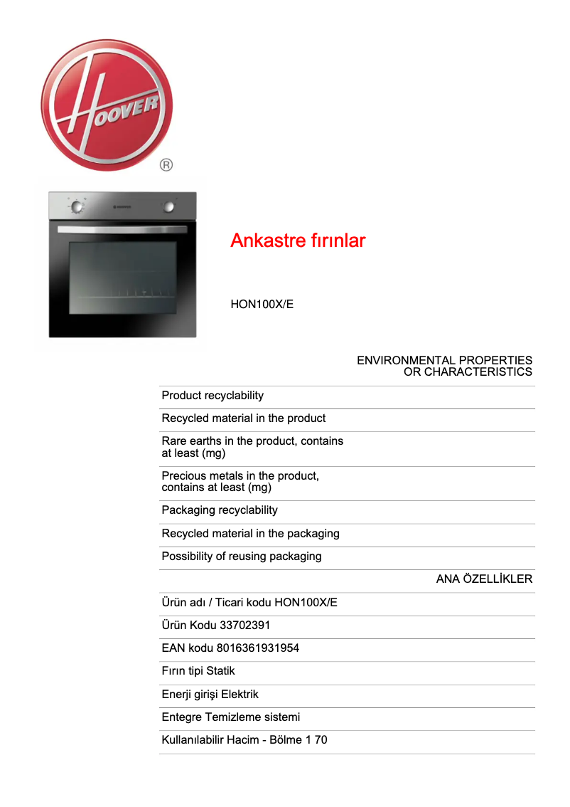 Page n°1 - Fiche technique Hoover HON100X/E