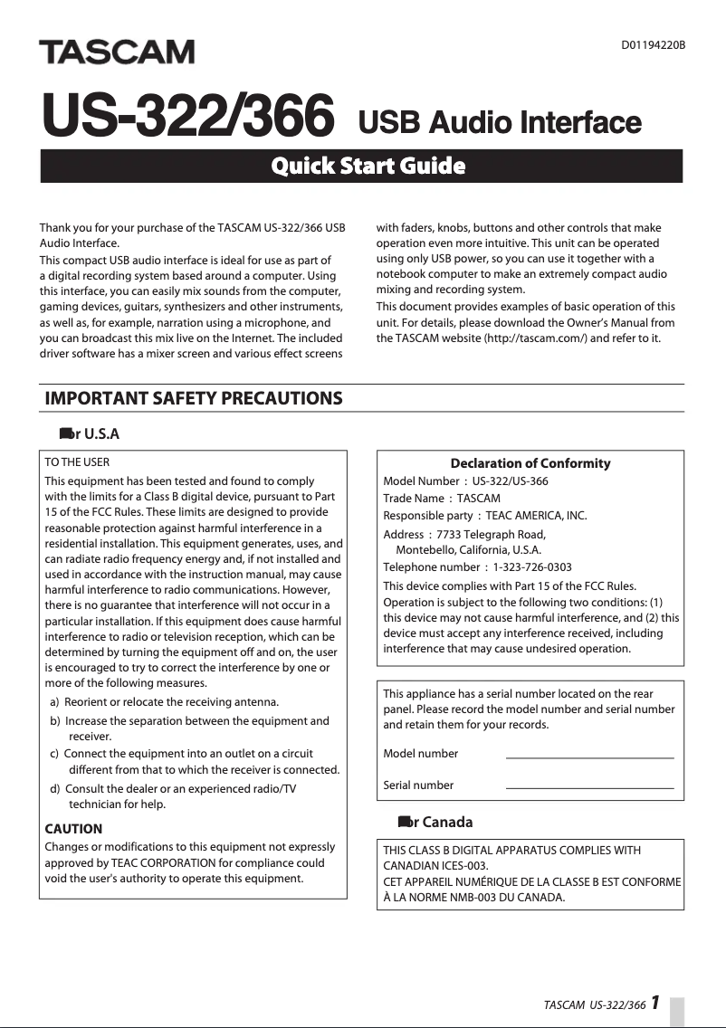 Page 1 de la notice Guide de démarrage rapide Tascam US-366