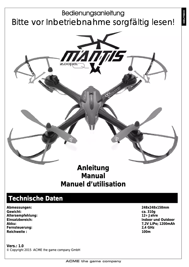 Page n°1 - Manuel utilisateur Acme Made zoopa Q600 MANTIS