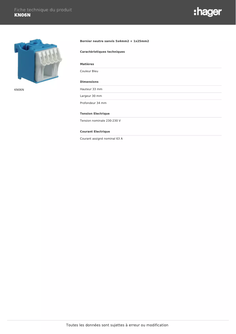 Page n°1 - Fiche technique Hager KN06N