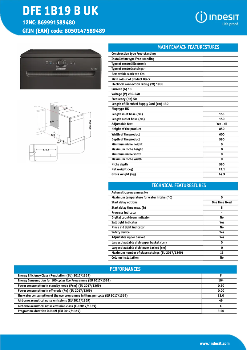 Page n°1 - Fiche technique Indesit Ecotime DFE 1B19 B UK