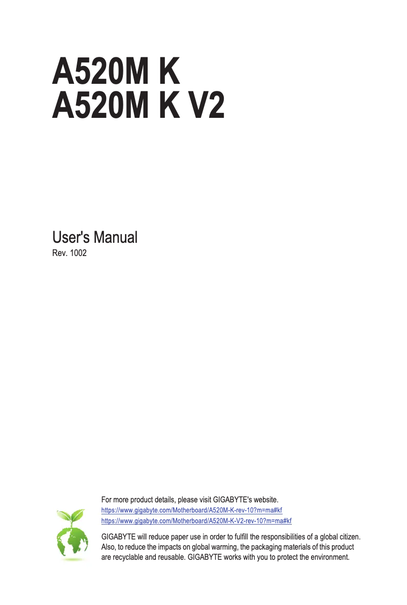 Page 1 de la notice Manuel utilisateur Gigabyte A520M K