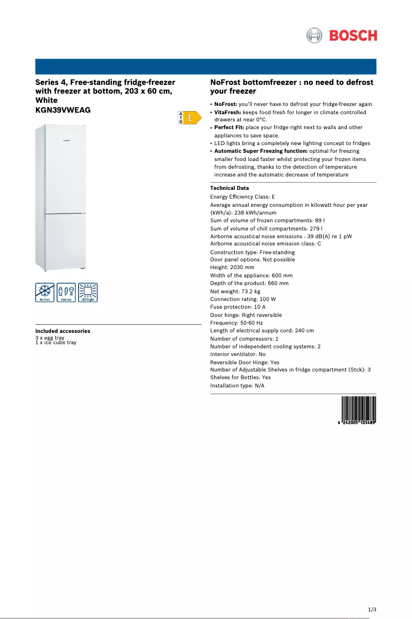 Página 1 del manual Ficha técnica Bosch Serie 4 KGN39VWEAG