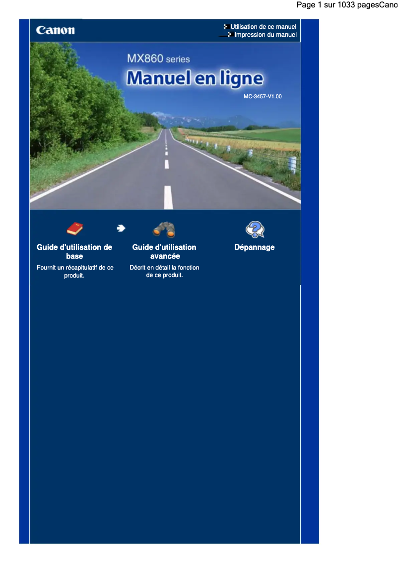 Page 1 de la notice Manuel utilisateur Canon Pixma MX860