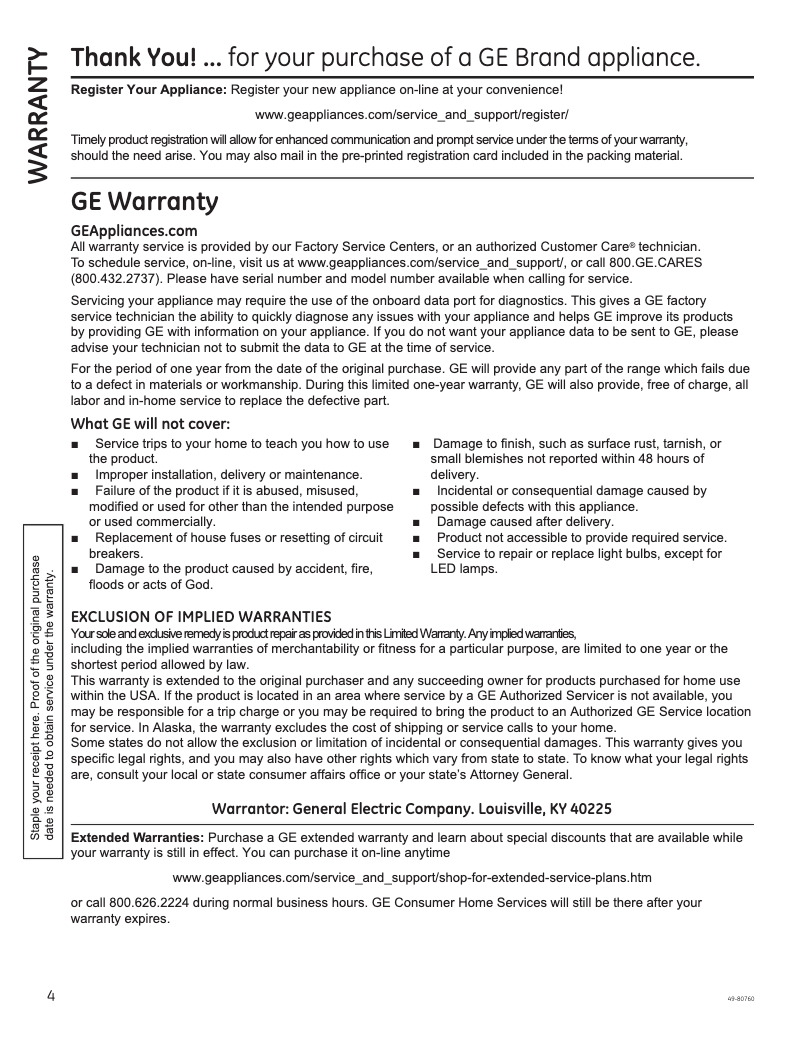 Page 1 de la notice Informations de garantie GE JVW5361EJES