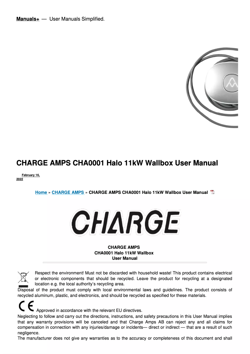 Page 1 de la notice Manuel utilisateur Charge Amps Halo 11kW Wallbox CHA0001