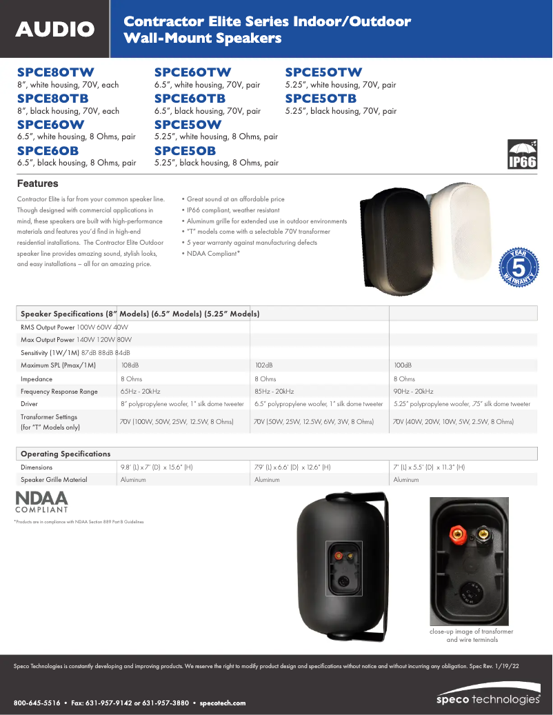 Page 1 de la notice Fiche technique Speco Technologies SPCE5OB