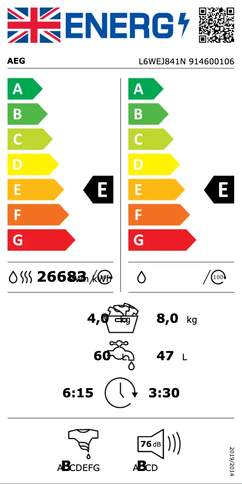 Page n°1 - Label énergétique AEG L6WEJ841N