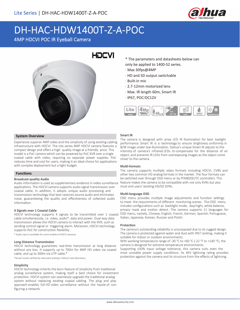 Page n°1 - Fiche technique Dahua Technology HAC-HDW1400T-Z-A-POC