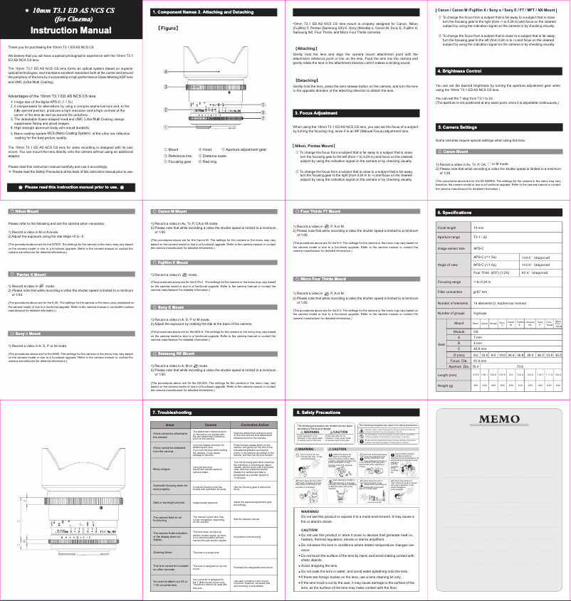 Page n°1 - Manuel utilisateur Rokinon Cine DS DS10M-C