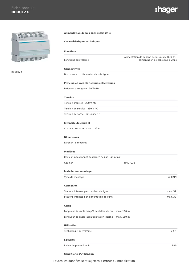 Page n°1 - Fiche technique Hager RED012X