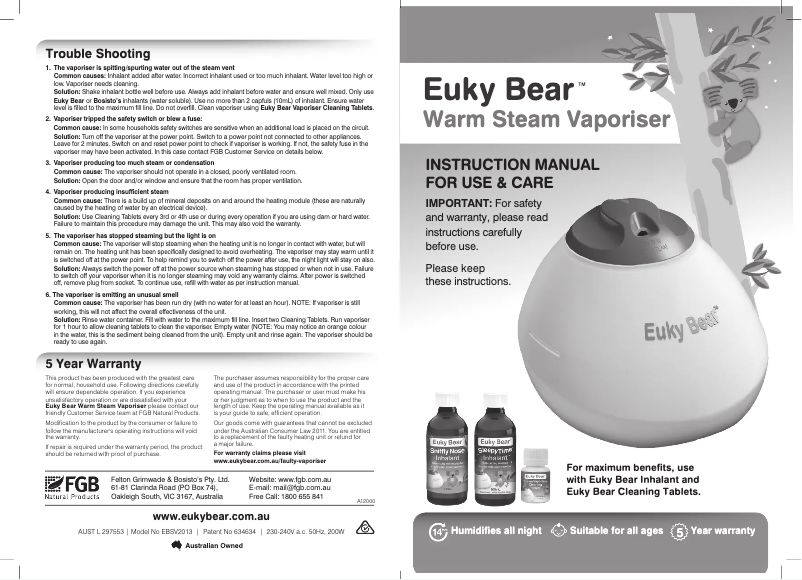Page 1 de la notice Manuel utilisateur Euky Bear Warm Steam Vaporiser