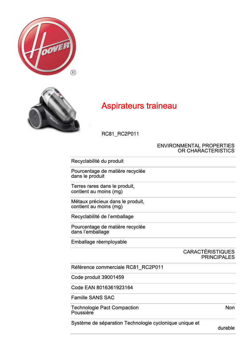 Página 1 del manual Ficha técnica Hoover RC81_RC2P011