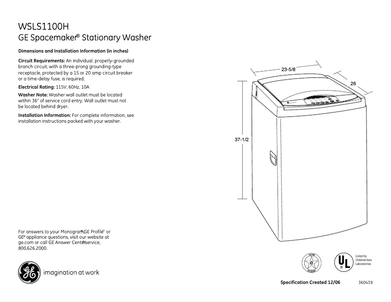 Página 1 del manual Ficha técnica GE WSLS1100HWW