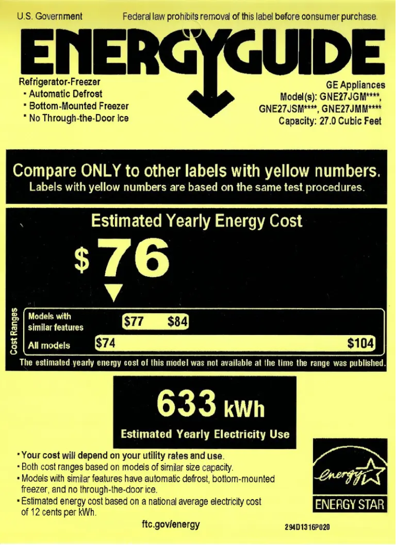 Page 1 of the manual Energy Label GE GNE27JSMSS