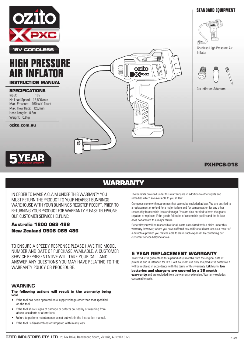 Page n°1 - Manuel utilisateur Ozito PXHPCK-250