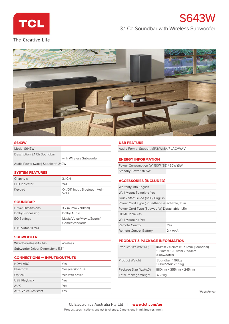 Page 1 of the manual Technical Sheet TCL S643W