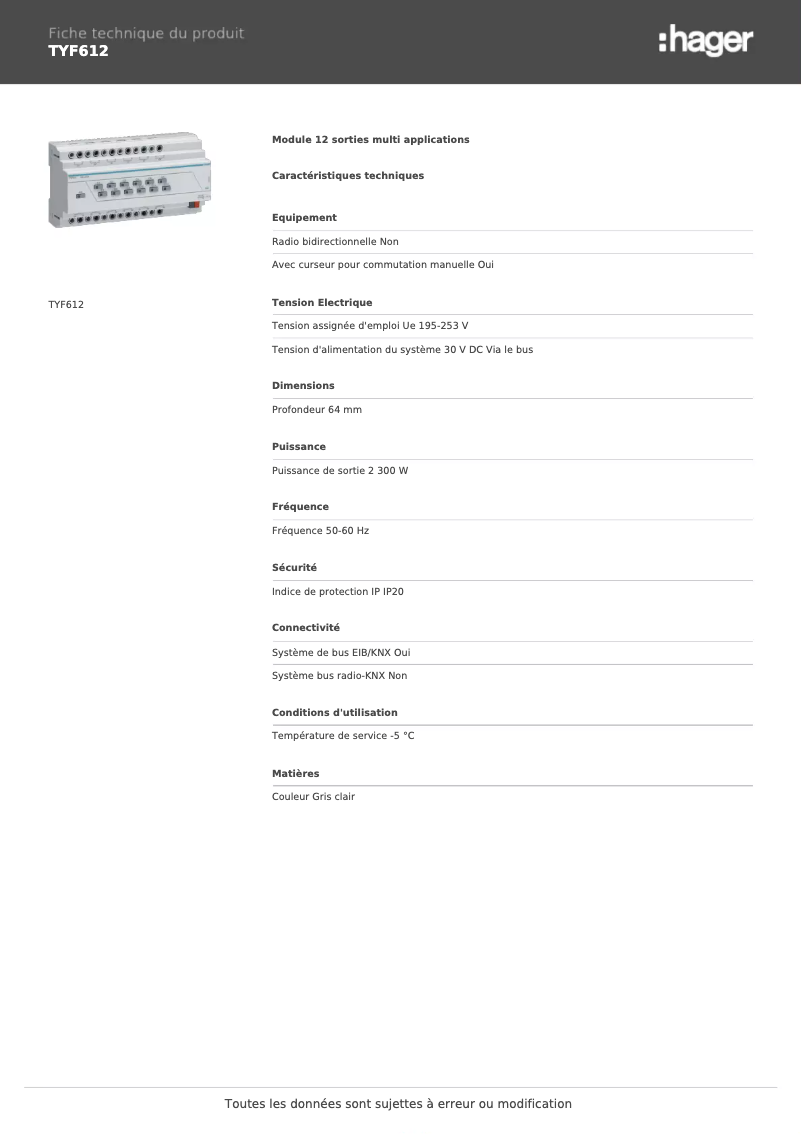 Page n°1 - Fiche technique Hager TYF612