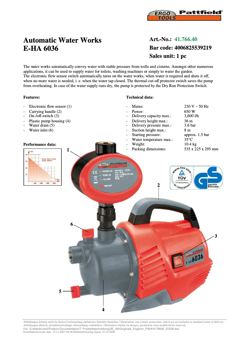 Page 1 de la notice Manuel utilisateur Ergotools Pattfield E-HA 6036