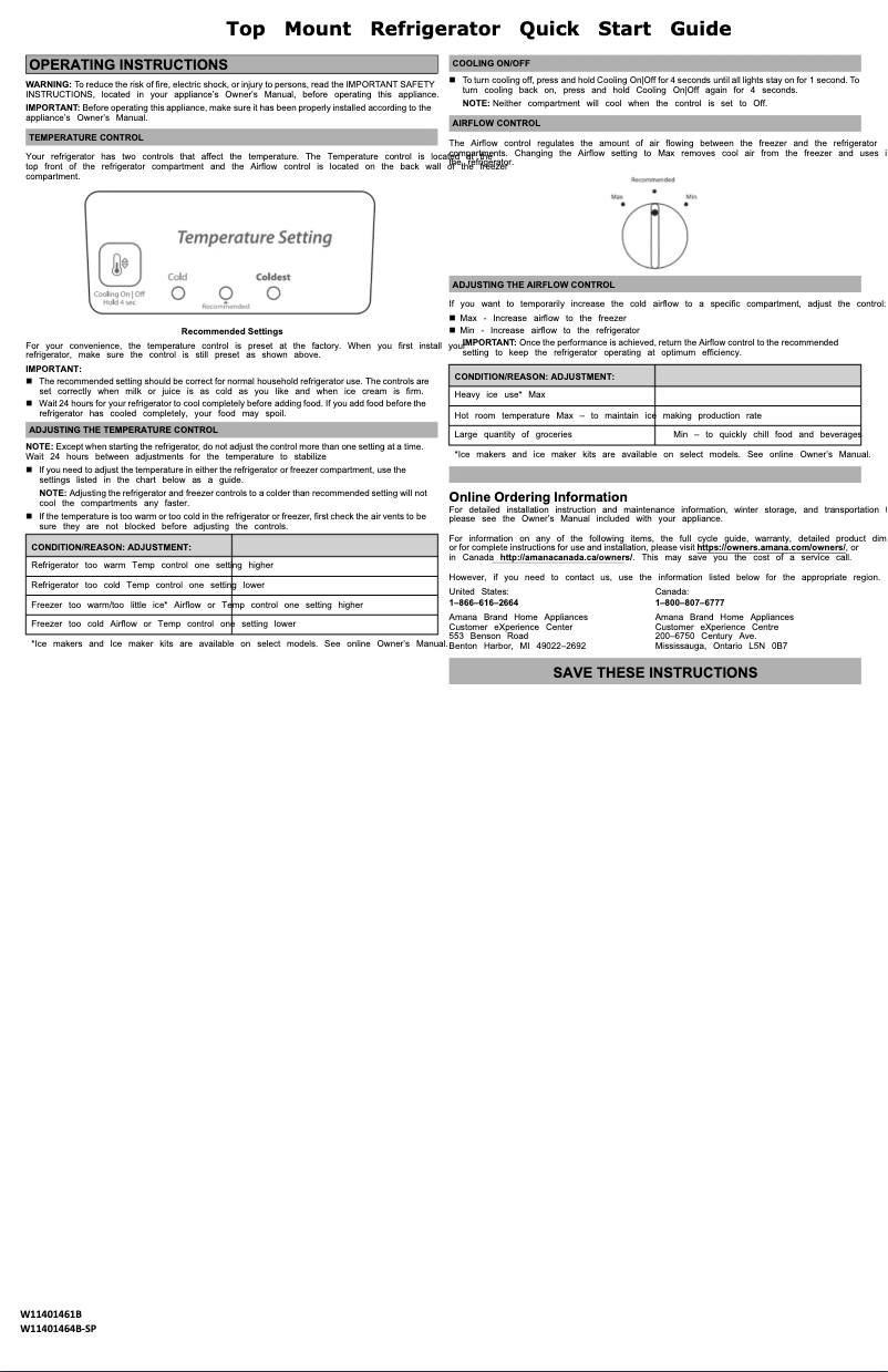Page 1 de la notice Guide de démarrage rapide Amana ART308FFDM