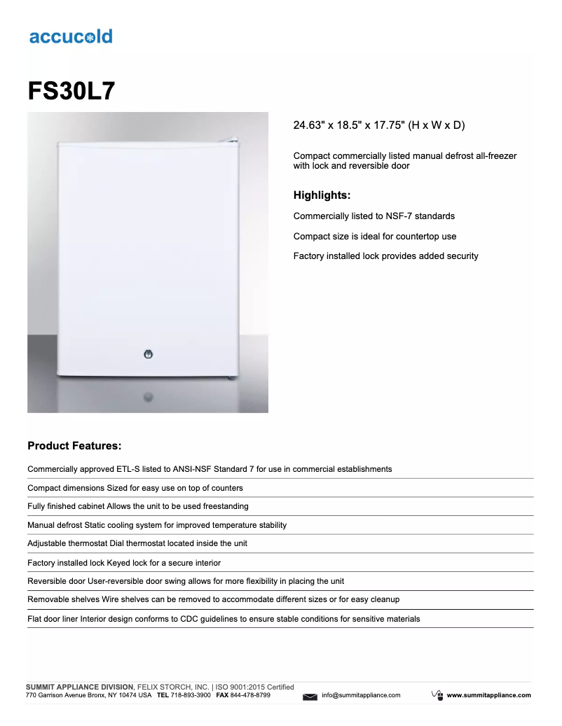 Page n°1 - Fiche technique Summit Accucold FS30L7