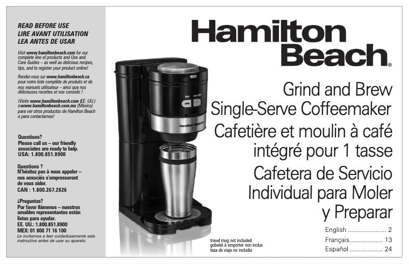 Page 1 de la notice Manuel utilisateur Hamilton Beach Grind & Brew 49989
