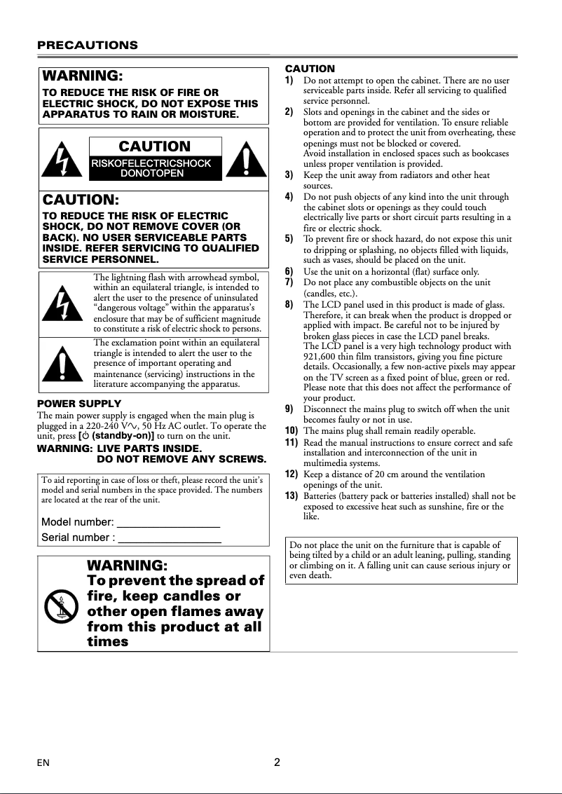 Page 1 de la notice Manuel utilisateur Funai LT8-M26BB