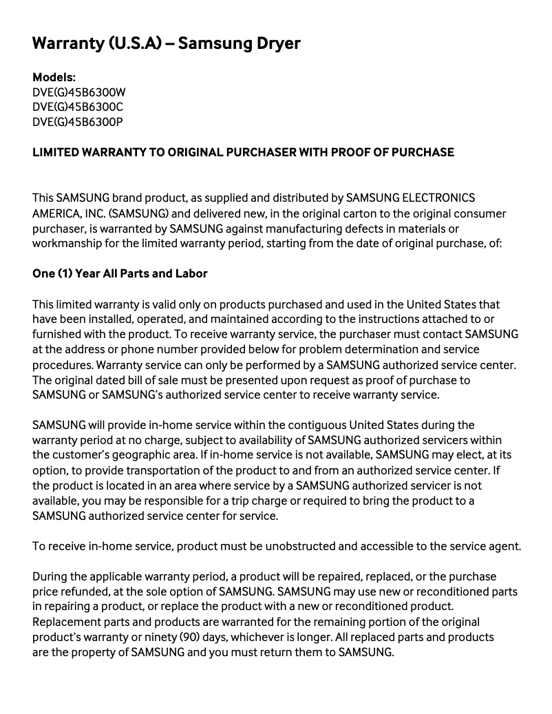 Page 1 de la notice Informations de garantie Samsung DVE45B6300W