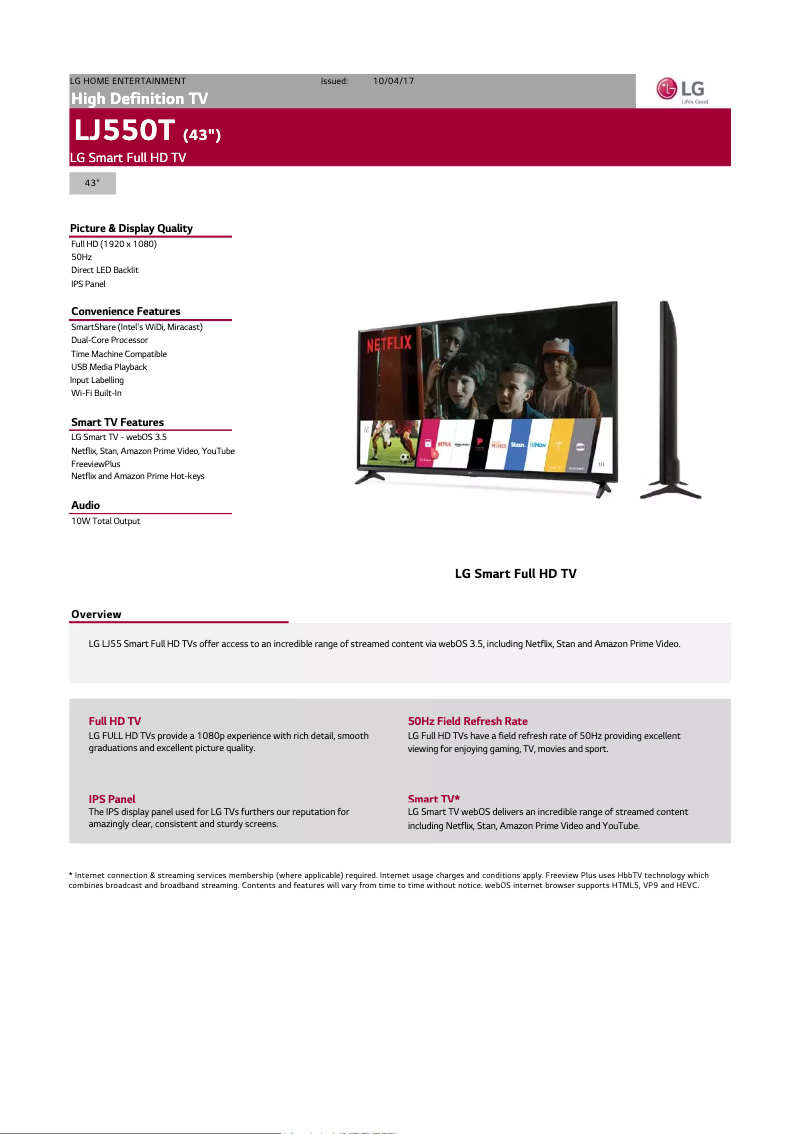 Page 1 de la notice Fiche technique LG 43LJ550T