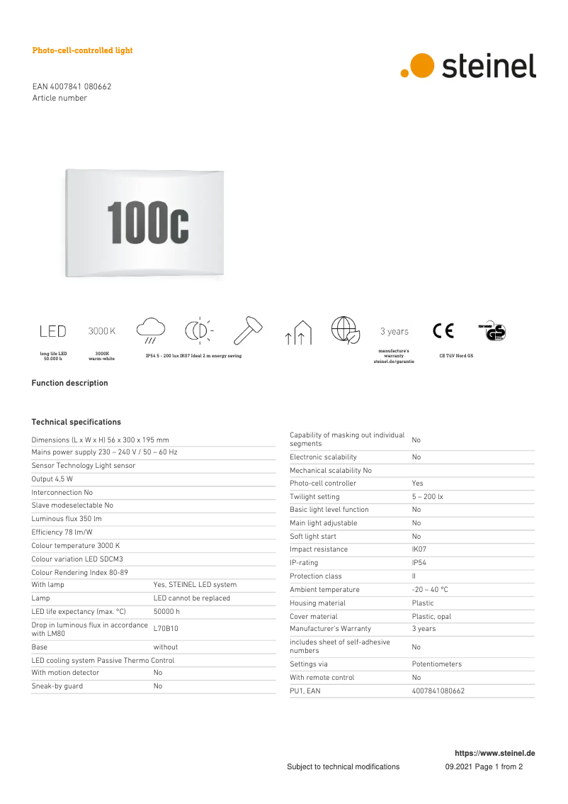 Page 1 de la notice Fiche technique Steinel My LN 1 N