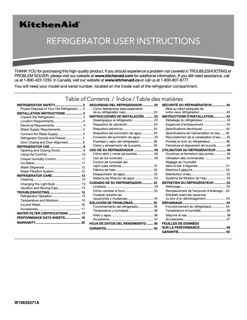 Page n°1 - Manuel utilisateur KitchenAid Architect KBFS25ECMS