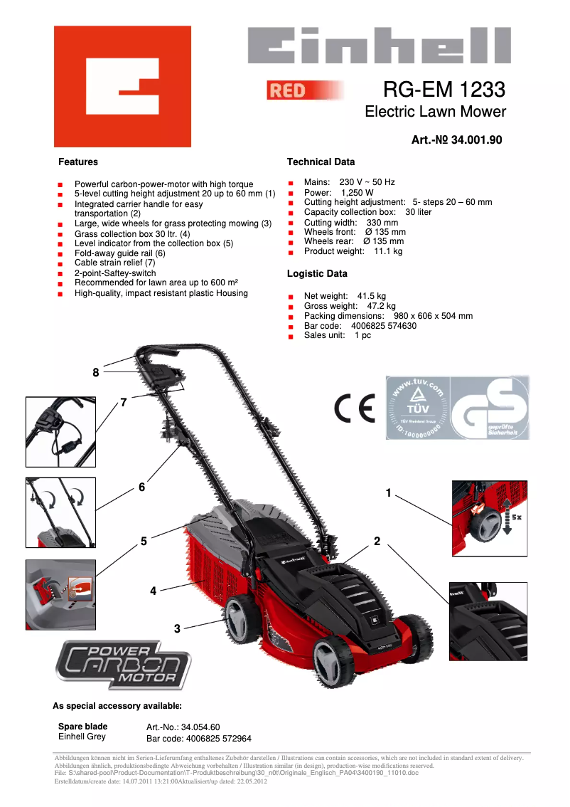 Page n°1 - Fiche technique Einhell RG-EM 1233