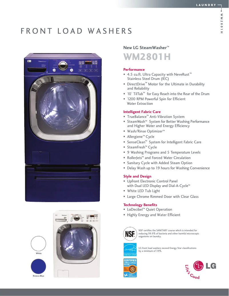 Page 1 de la notice Fiche technique LG WM2801HLA