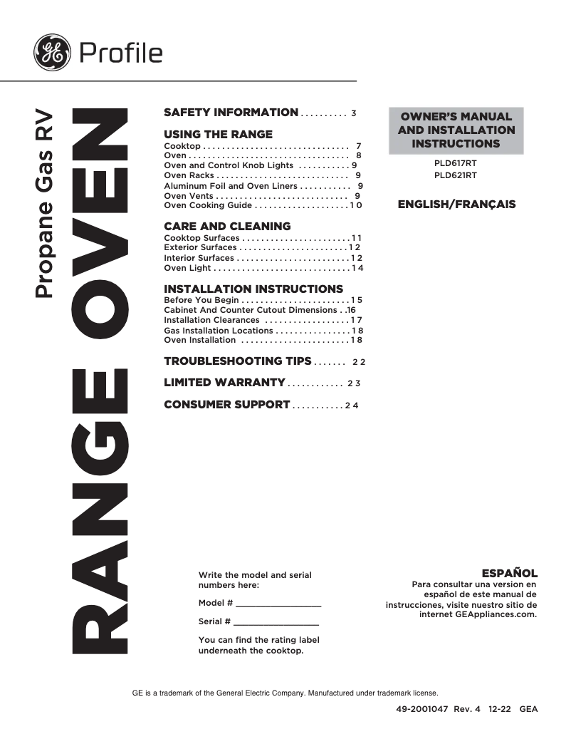 Page 1 de la notice Manuel d'utilisation et d'entretien GE Profile PLD621RTSS