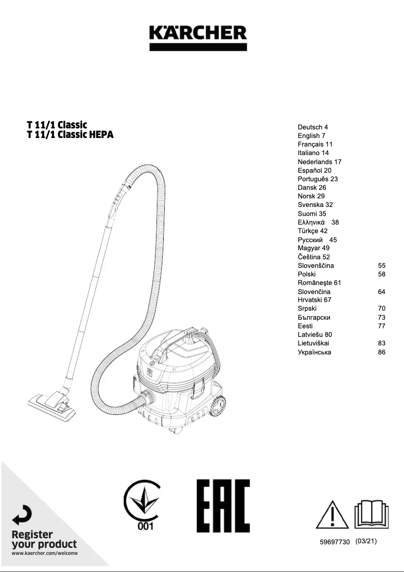 Page 1 de la notice Manuel utilisateur Kärcher T 11/1 Classic HEPA