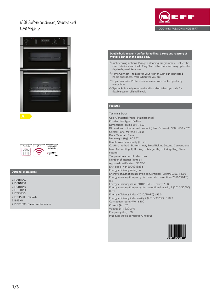 Page 1 de la notice Fiche technique Neff U2ACM7HH0B