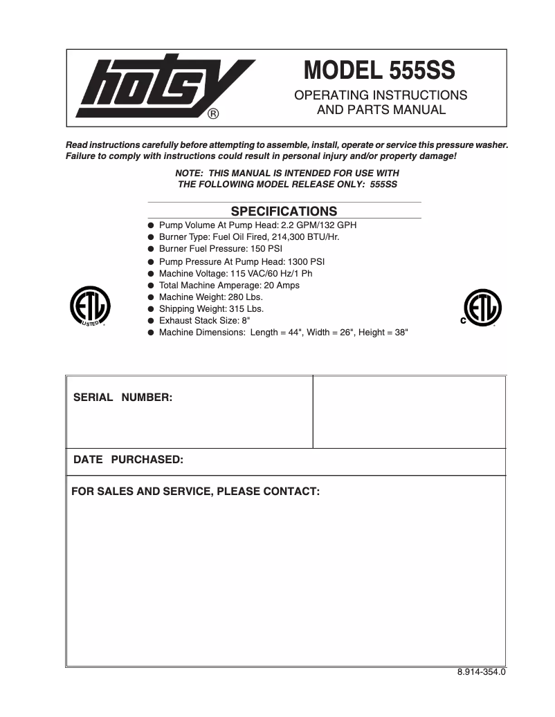 Page 1 de la notice Manuel utilisateur Hotsy 555SS