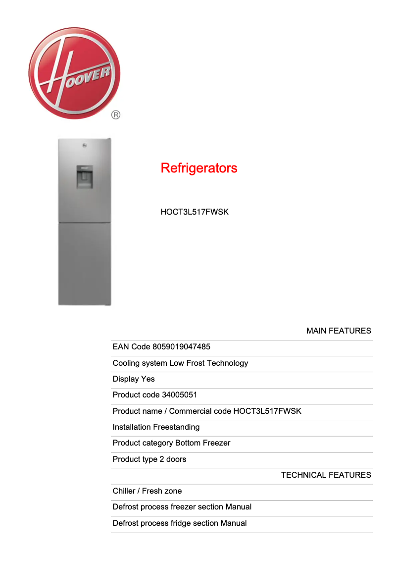 Page n°1 - Fiche technique Hoover TRF-39LWE
