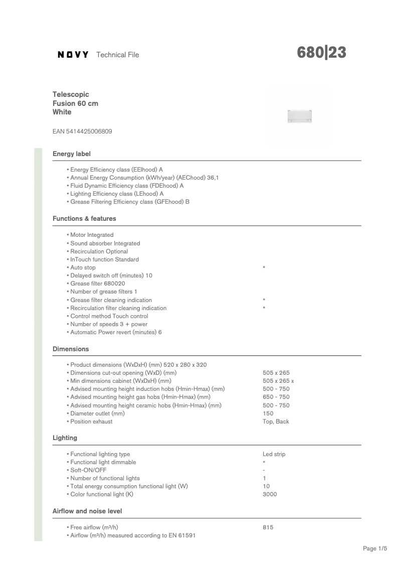 Page 1 de la notice Fiche technique Novy Fusion 680