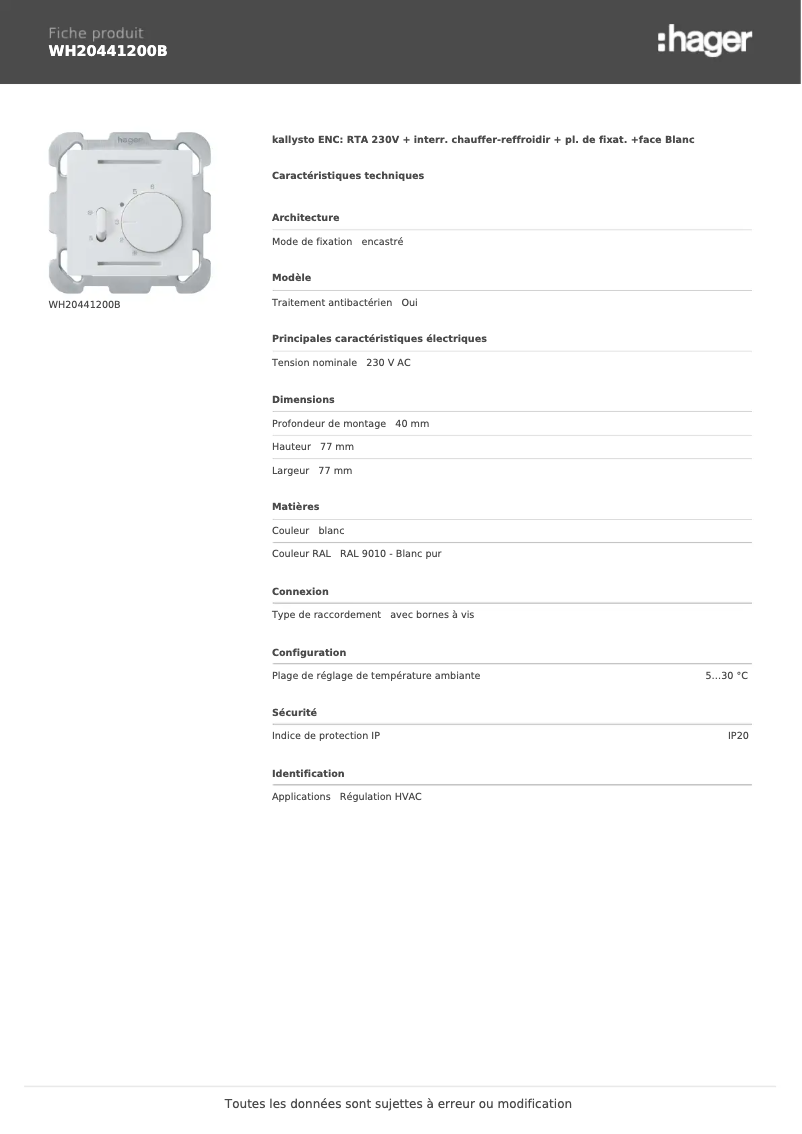 Page n°1 - Fiche technique Hager WH20441200B