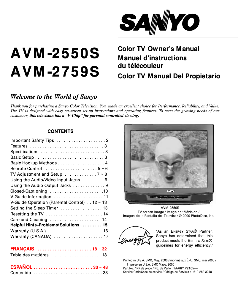 Page n°1 - Manuel utilisateur Sanyo AVM2759S