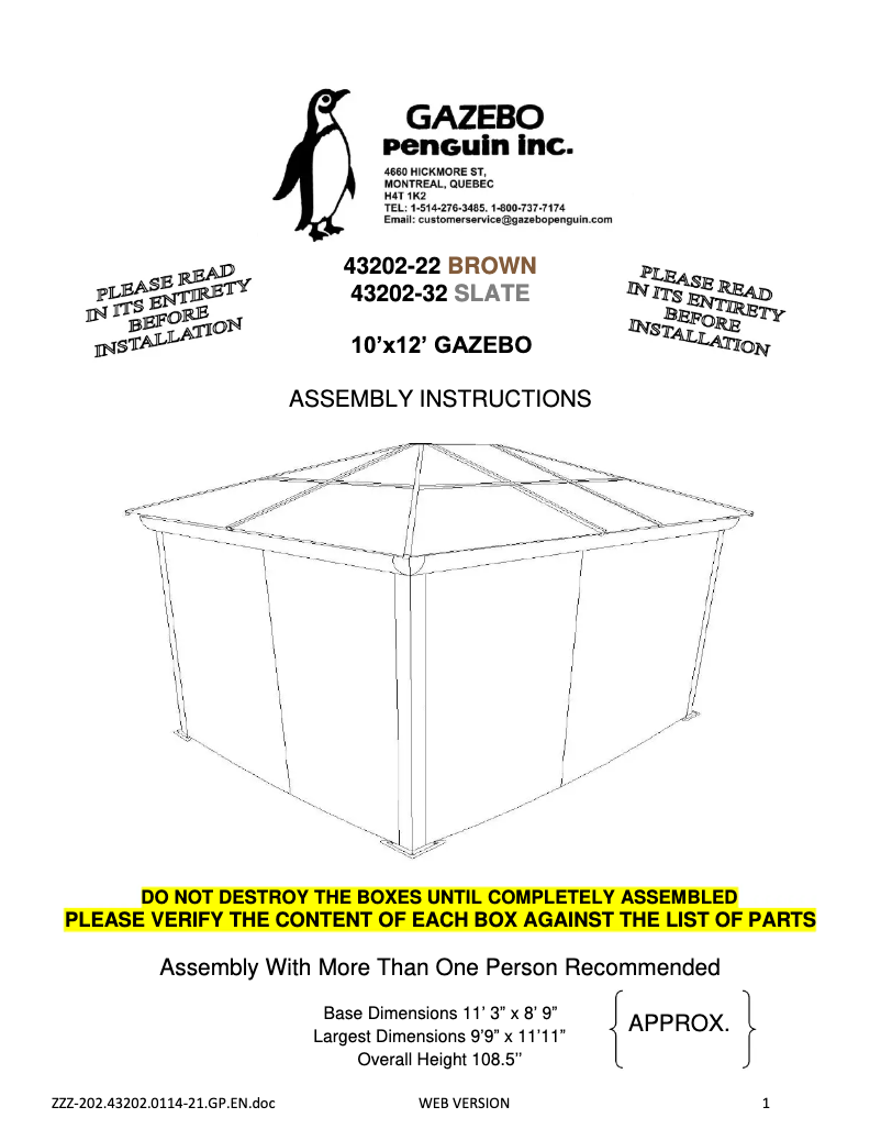 Page n°1 - Manuel utilisateur Gazebo Penguin 43202-22