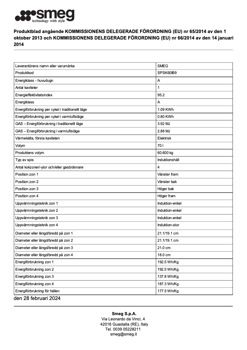 Page n°1 - Fiche technique Smeg SPSK60IB9